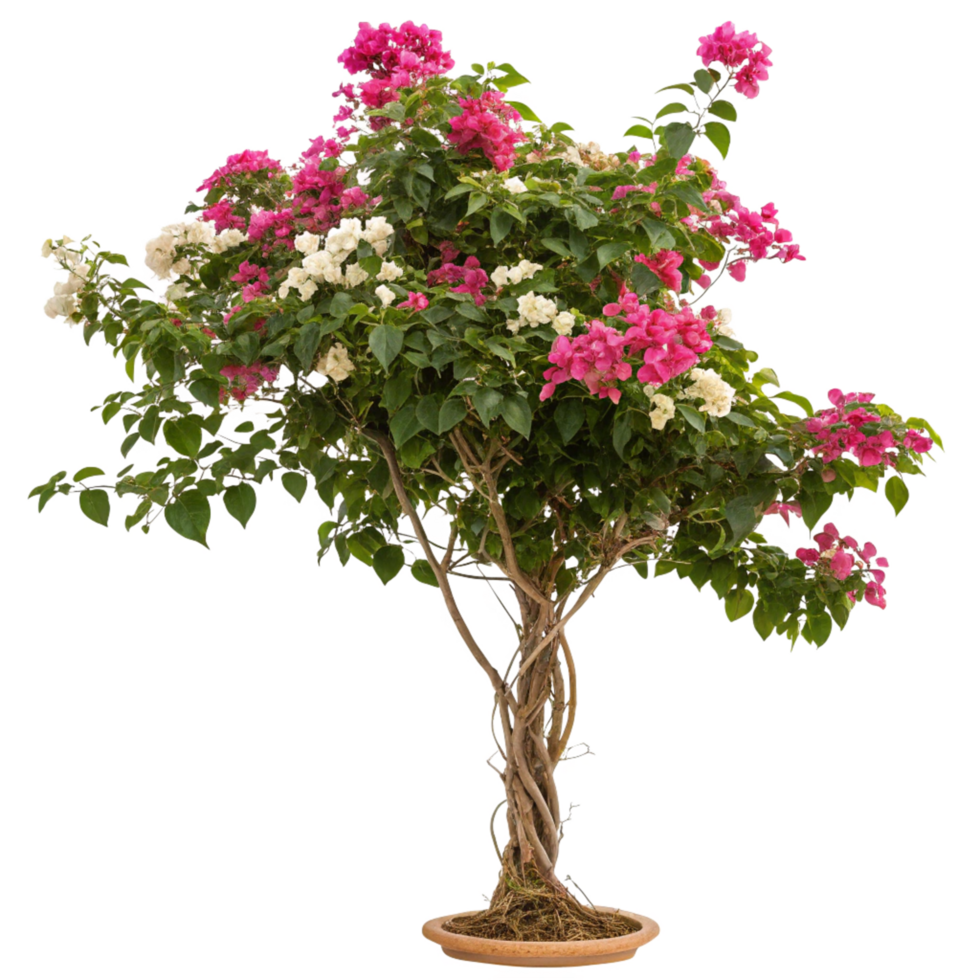 Stunning Bougainvillea Bonsai Tree with Pink and White Flowers in a Brown Pot png