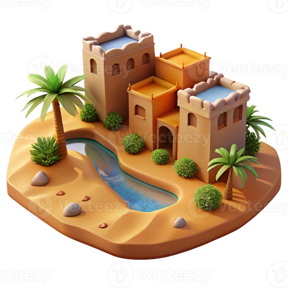 dramatic modern A desert oasis with a traditional mud-brick village, warm sunlight reflecting off the sand, rendered in a vibrant, painterly style detailed png