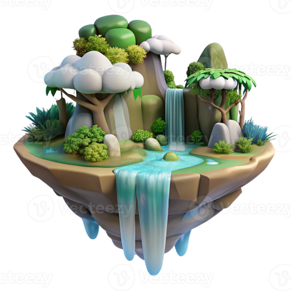 wonderful artistic A floating island with waterfalls cascading down its sides, lush vegetation covering its surface, rendered in a fantastical, dreamlike style exclusive png