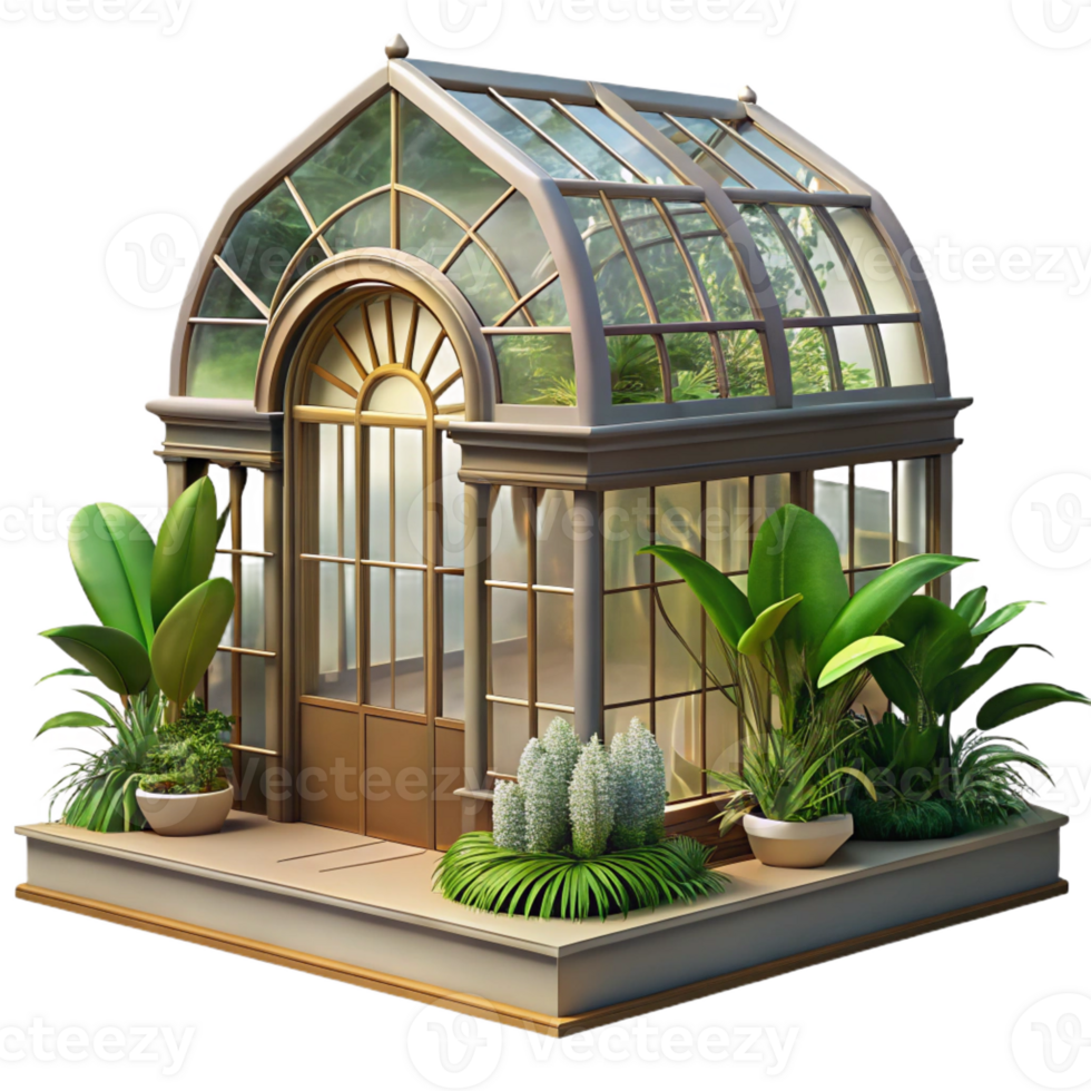 wonderful rustic A Victorian greenhouse filled with exotic plants, soft sunlight streaming through the glass panes, rendered in a botanical illustration style 4K png