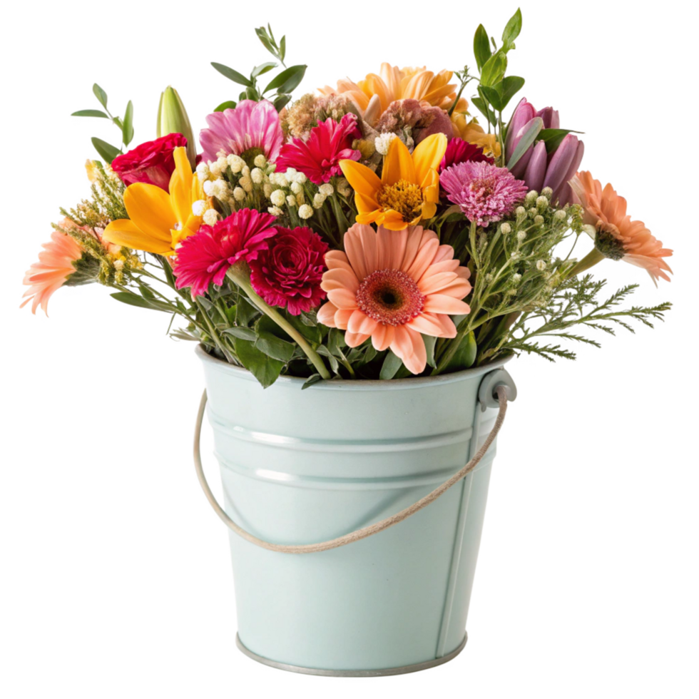 Vibrant Spring Flower Arrangement in a Light Blue Metal Bucket png