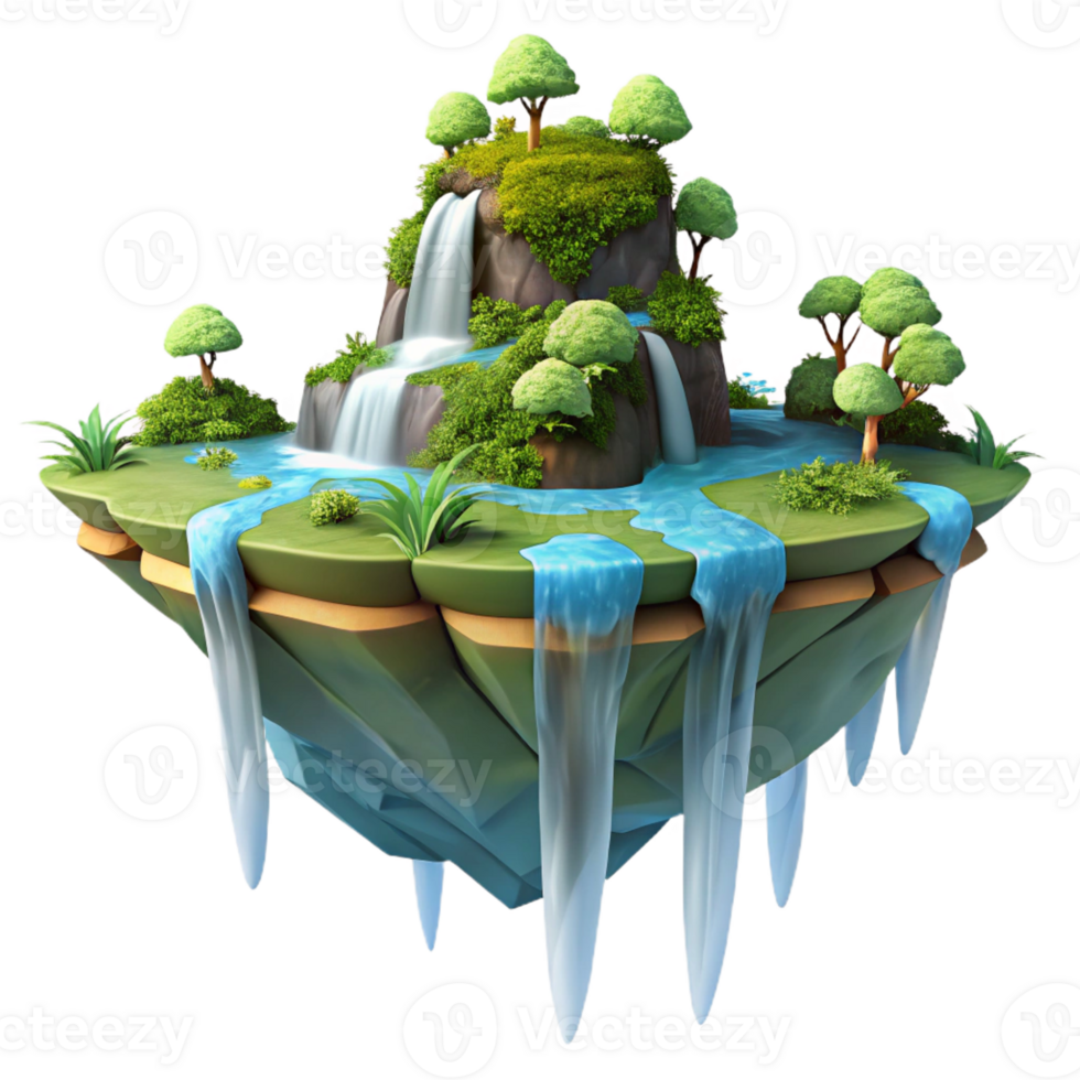 vibrant creative A floating island with waterfalls cascading down its sides, lush vegetation covering its surface, rendered in a fantastical, dreamlike style high resolution png