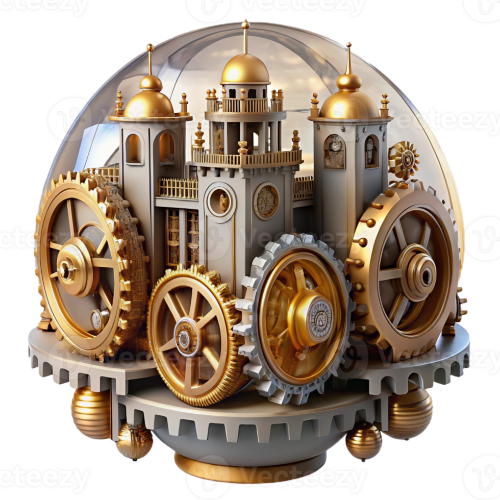 vibrant classic An intricate, clockwork city with gears and cogs visible throughout, steampunk elements, rendered in a detailed, mechanical style high quality png