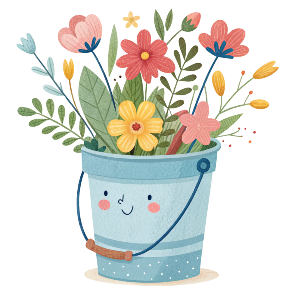 Adorable cartoon bucket overflowing with a delightful bouquet of colorful flowers png