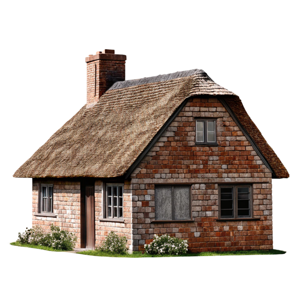 A English Countryside Cottage with Thatched Roof Brick Walls png