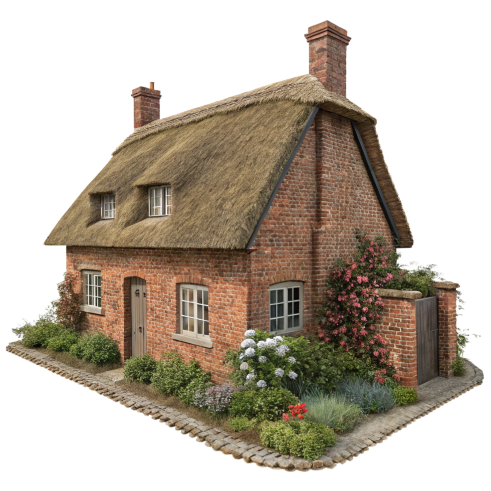 A English Countryside Cottage with Thatched Roof and Brick Walls png