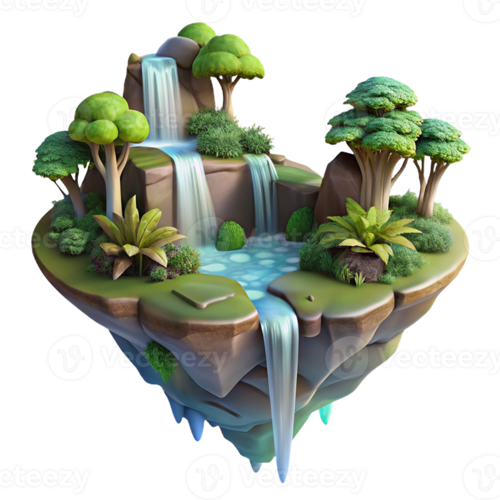 serene vintage A floating island with waterfalls cascading down its sides, lush vegetation covering its surface, rendered in a fantastical, dreamlike style premium png