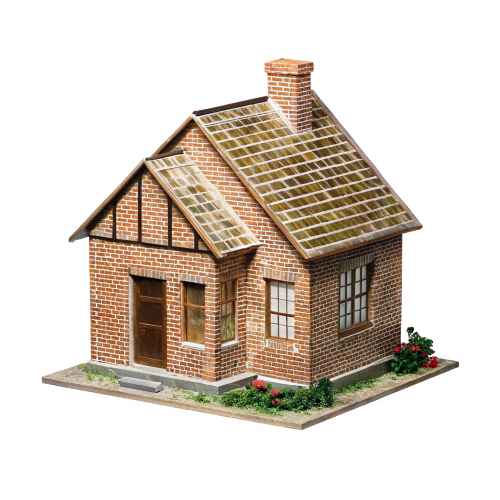 Detailed Model of a Charming Brick House with a Gabled Roof and Chimney png