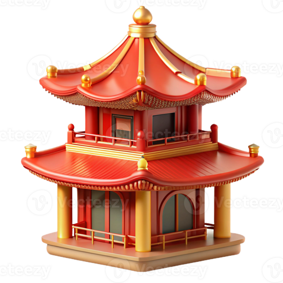 vibrant minimalist A traditional Chinese pagoda with intricate red and gold detailing, surrounded by mist, rendered in a serene, classical style high quality png