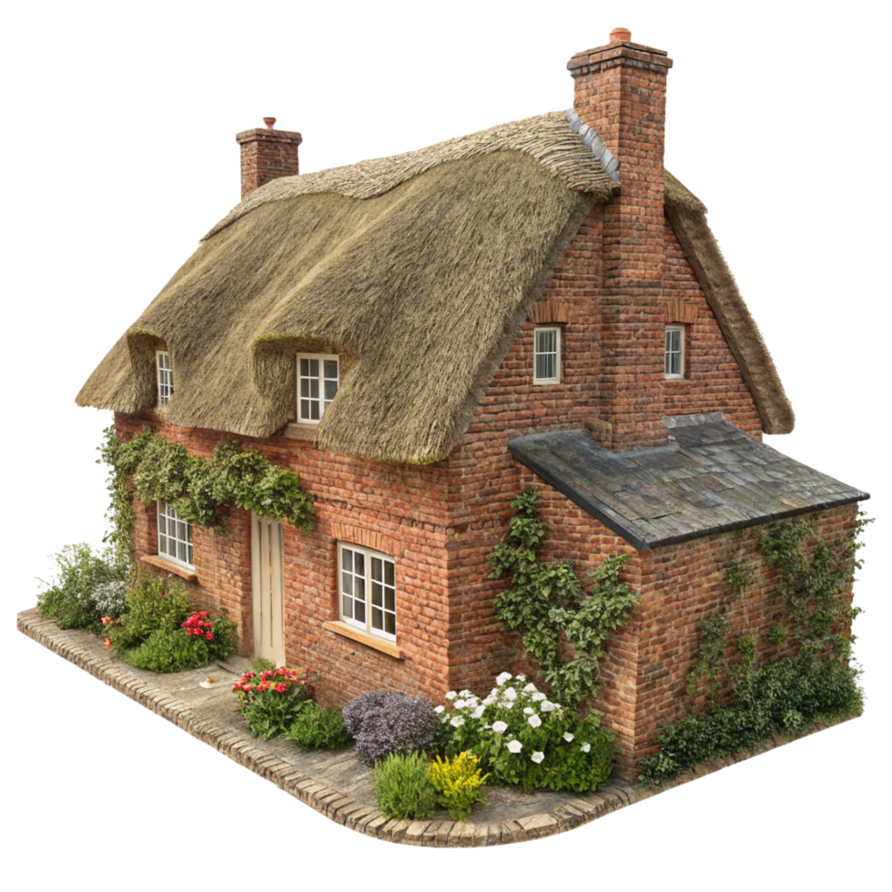 A Charming English Country Cottage with Thatched Roof and Brick Walls png