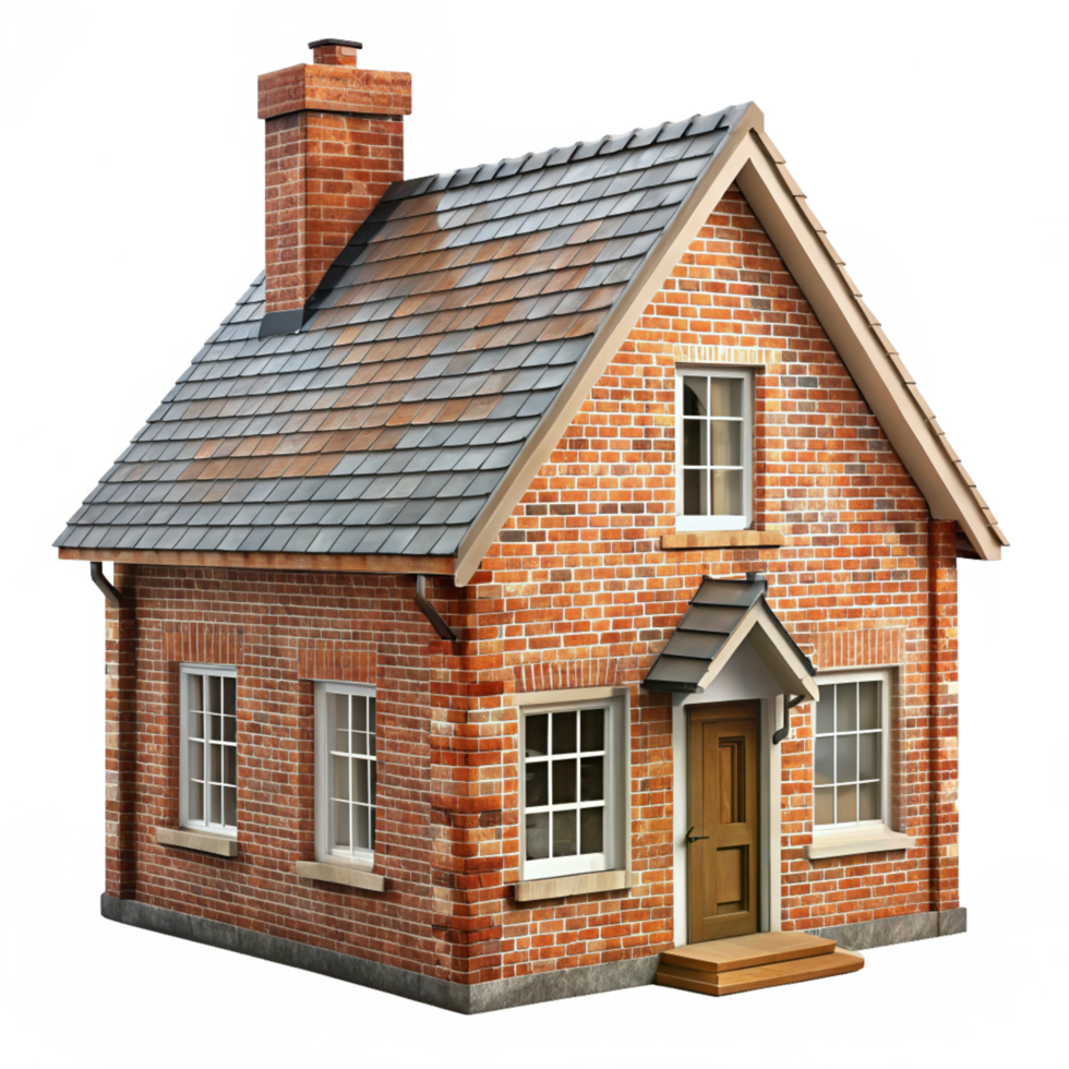 Charming Brick Cottage House Exterior with Brown Roof and Wooden Steps png