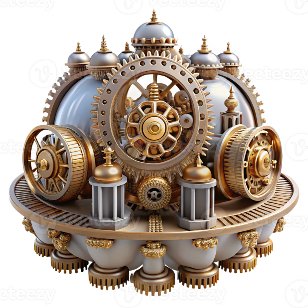 elegant abstract An intricate, clockwork city with gears and cogs visible throughout, steampunk elements, rendered in a detailed, mechanical style high resolution png