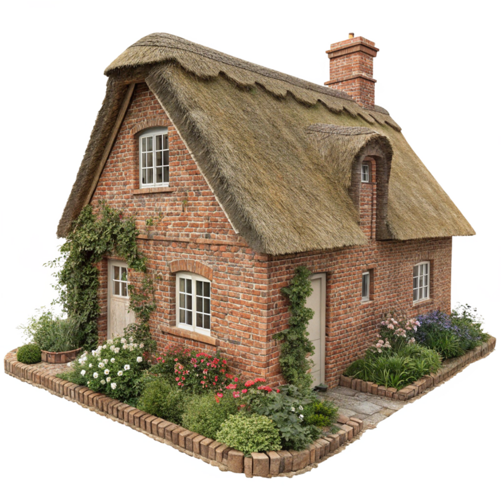 Charming English Country Cottage with Thatched Roof Brick Walls png