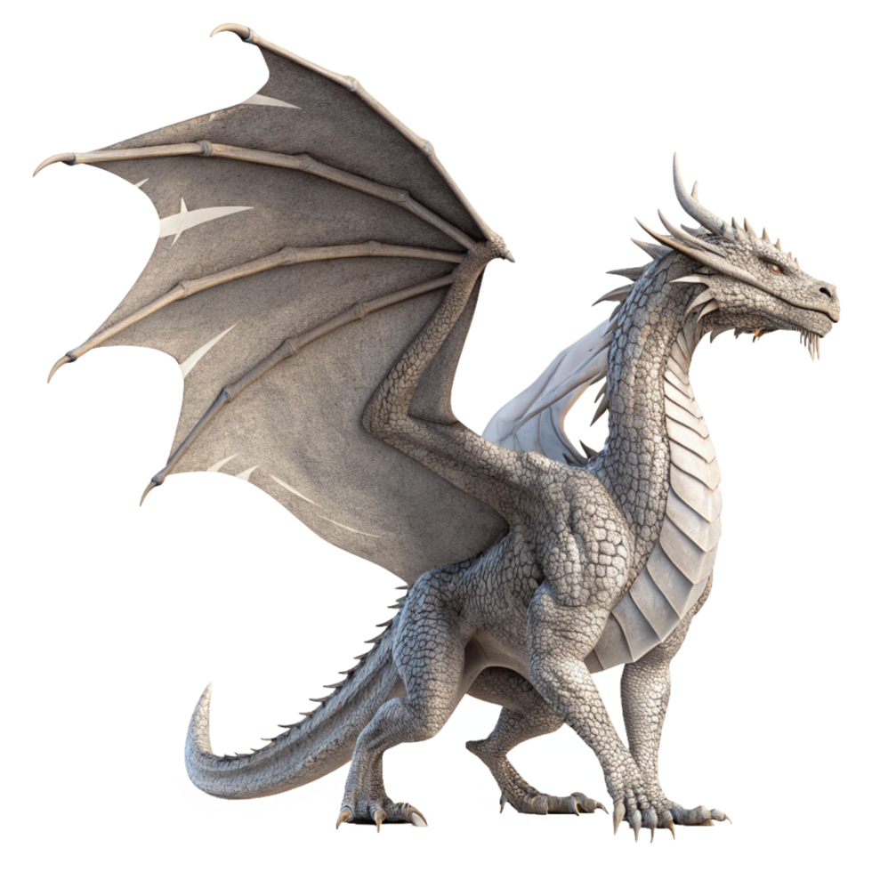 Majestic Light Gray Dragon with Large Wings and Sharp Claws png