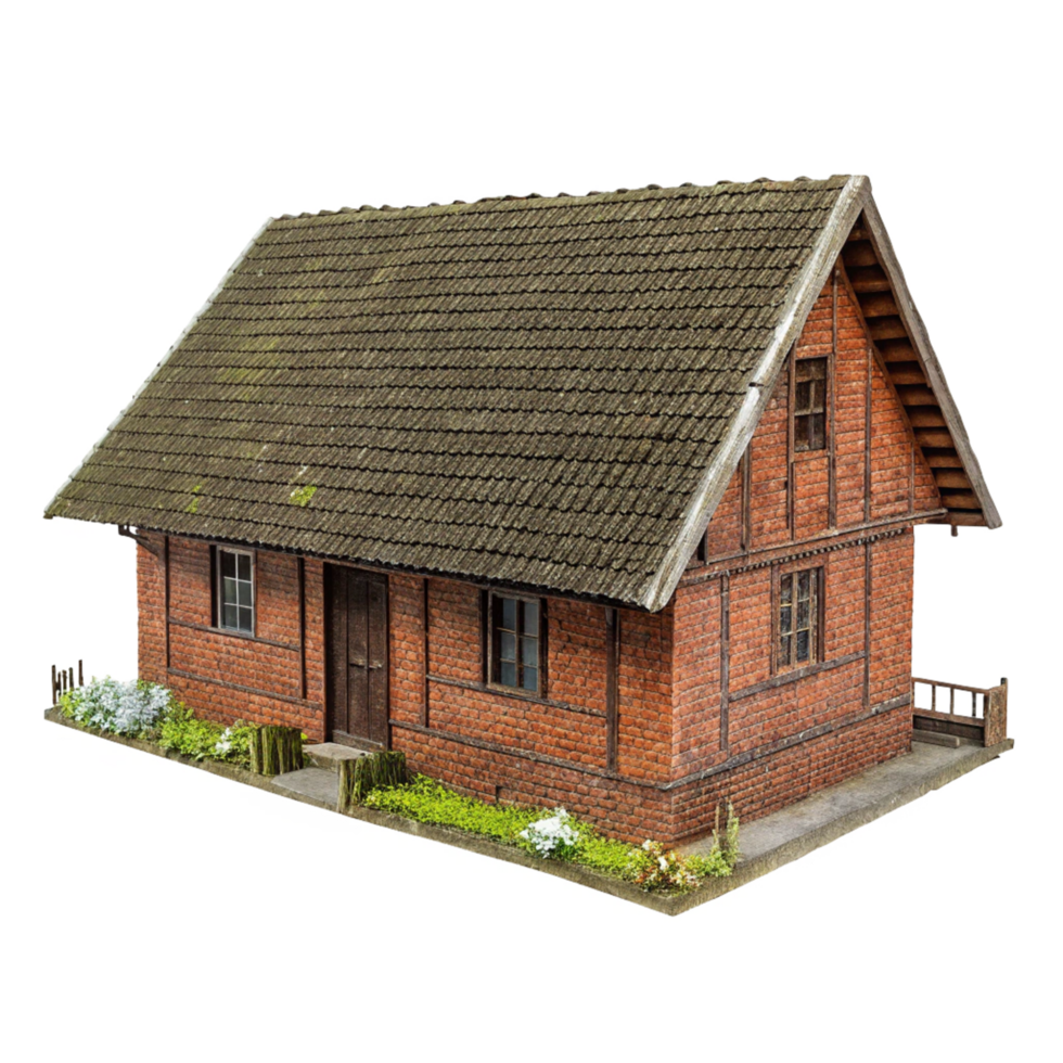 Detailed Model of a Rustic Brick House with Gabled Roof and Small Garden png