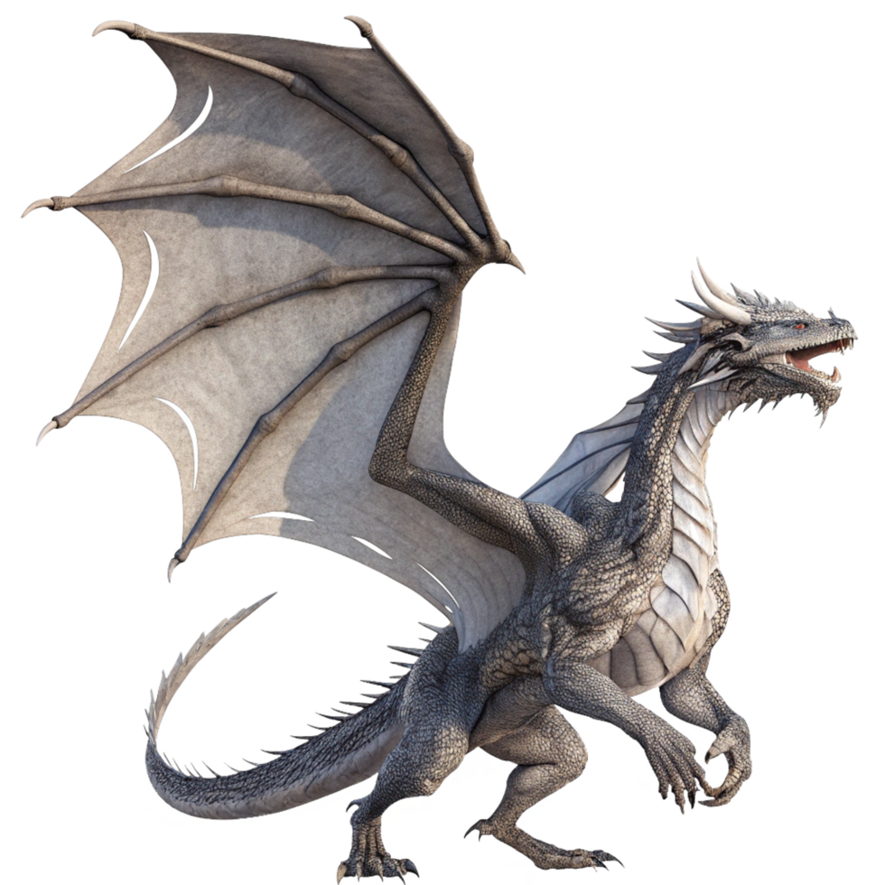 Majestic Grey Dragon with Large Wings in a Powerful Pose png