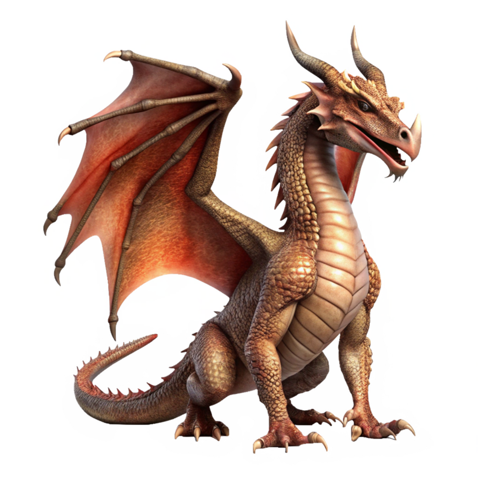 A Majestic Brown Dragon with Large Wings and Sharp Claws Sitting on a Black Background png