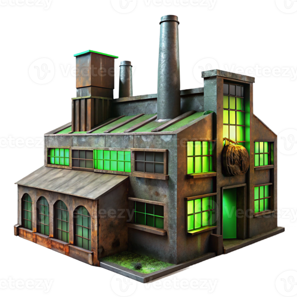 magnificent traditional An abandoned factory with rusted metal and broken windows, eerie green light filtering through the cracks, rendered in a dystopian, post-apocalyptic style authentic png