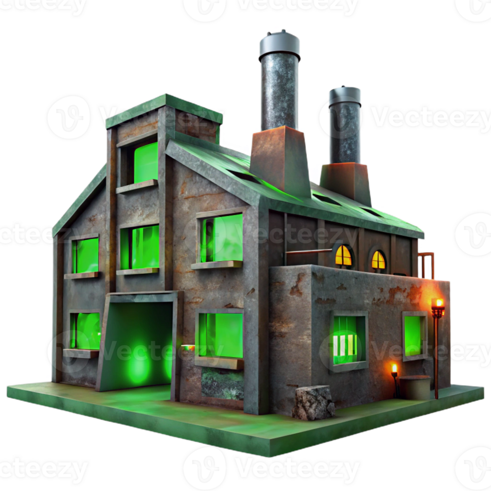 vibrant contemporary An abandoned factory with rusted metal and broken windows, eerie green light filtering through the cracks, rendered in a dystopian, post-apocalyptic style genuine png