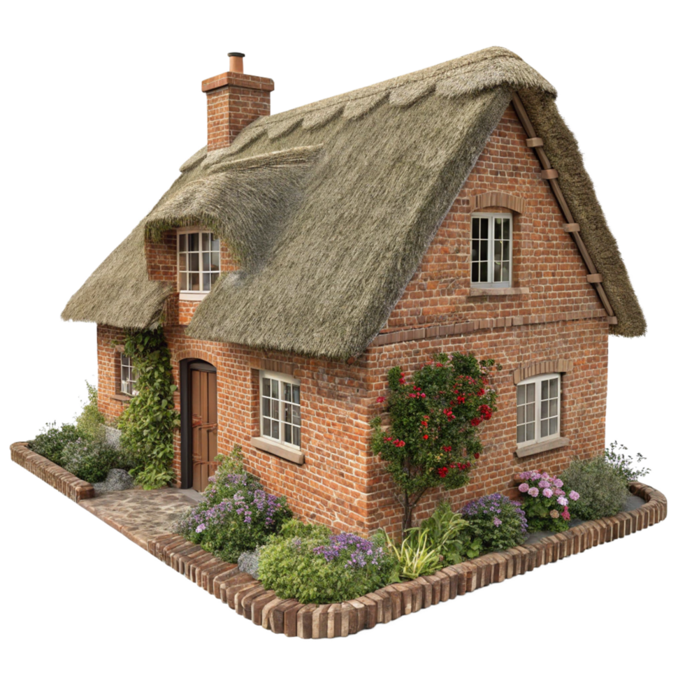 Charming English Countryside Cottage with Thatched Roof and Brick Exterior png