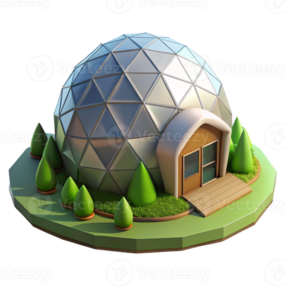 wonderful classic A geodesic dome house nestled in a lush green valley, soft sunlight illuminating the structure, rendered in a futuristic, eco-friendly style detailed png