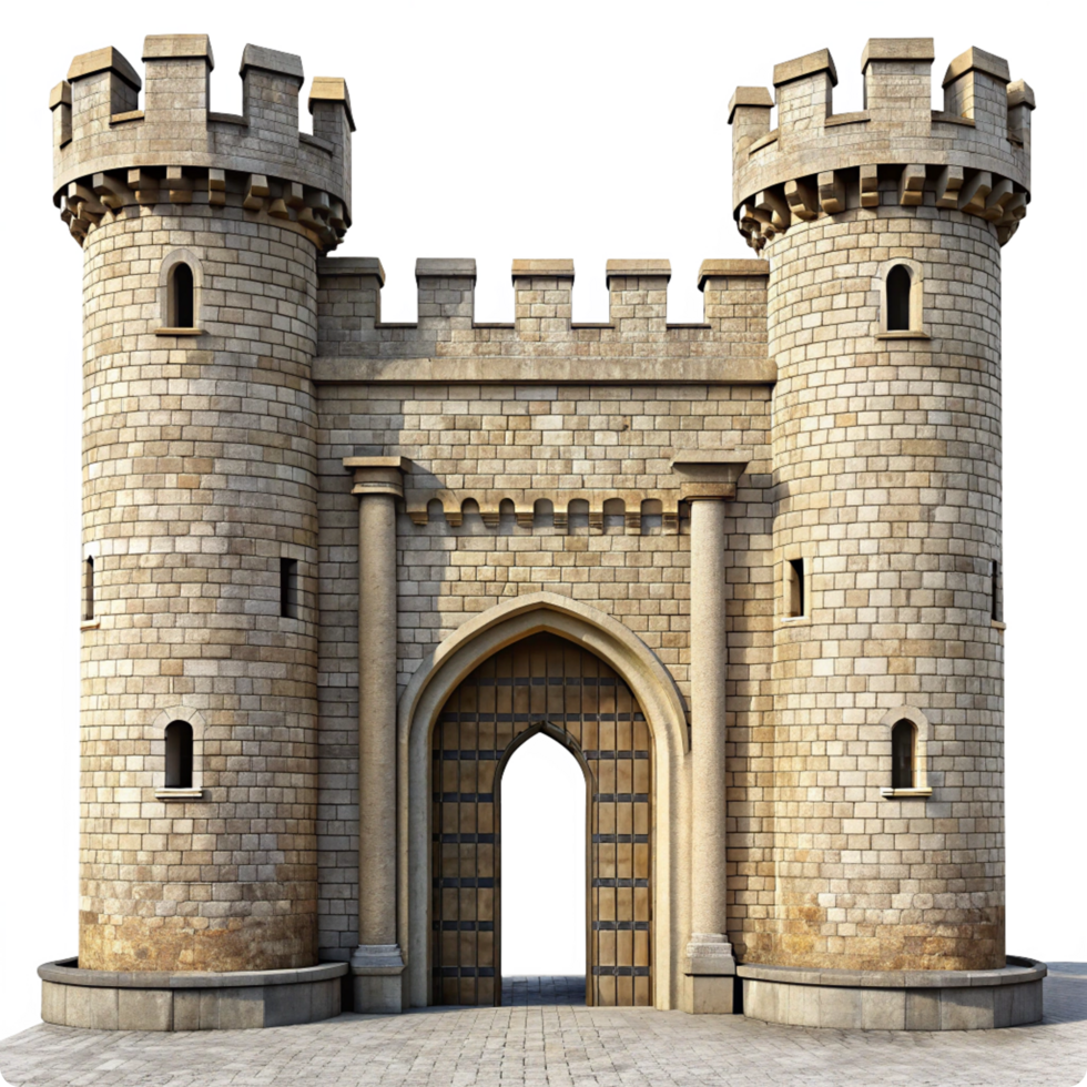 Majestic Medieval Castle Gatehouse with Two Towers and Archway Entrance png