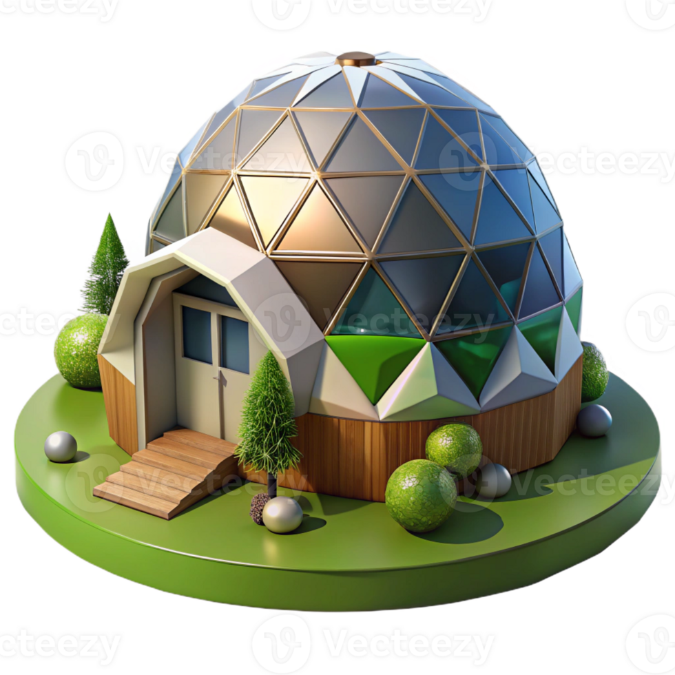 dramatic abstract A geodesic dome house nestled in a lush green valley, soft sunlight illuminating the structure, rendered in a futuristic, eco-friendly style authentic png