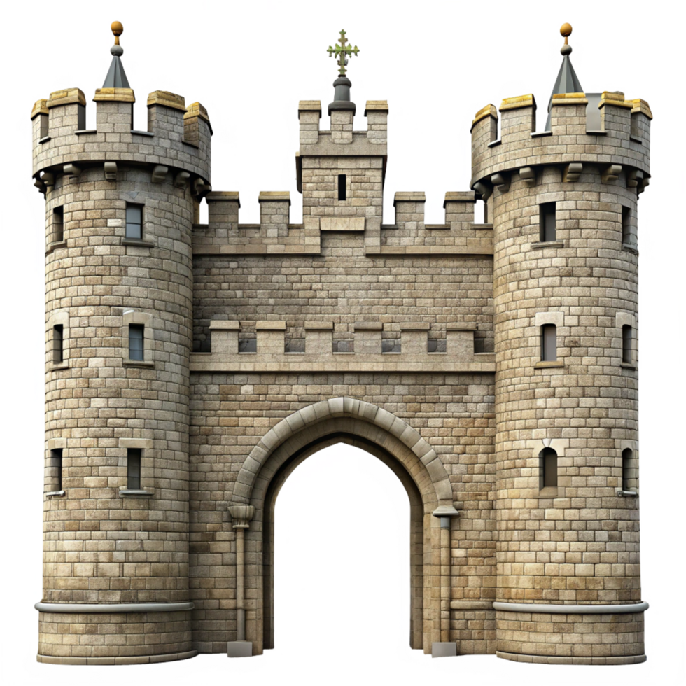 A majestic stone castle gatehouse with two round towers and arched entrance png