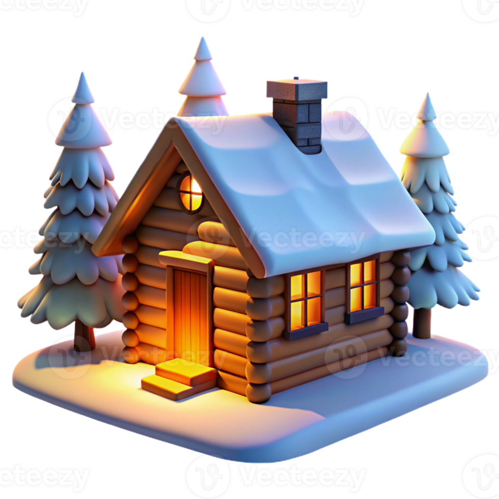 wonderful abstract A traditional log cabin nestled in a snowy forest, warm light glowing from the windows, rendered in a cozy, winter scene style premium png