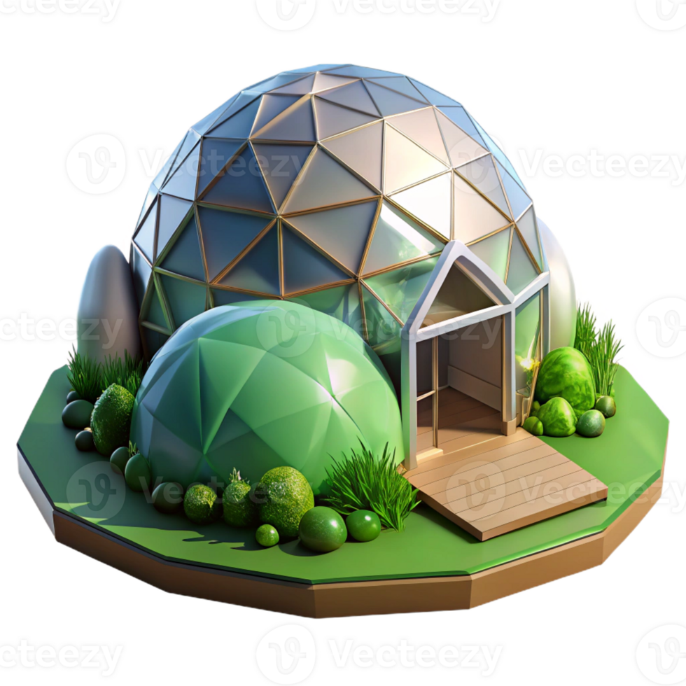 impressive abstract A geodesic dome house nestled in a lush green valley, soft sunlight illuminating the structure, rendered in a futuristic, eco-friendly style 4K png