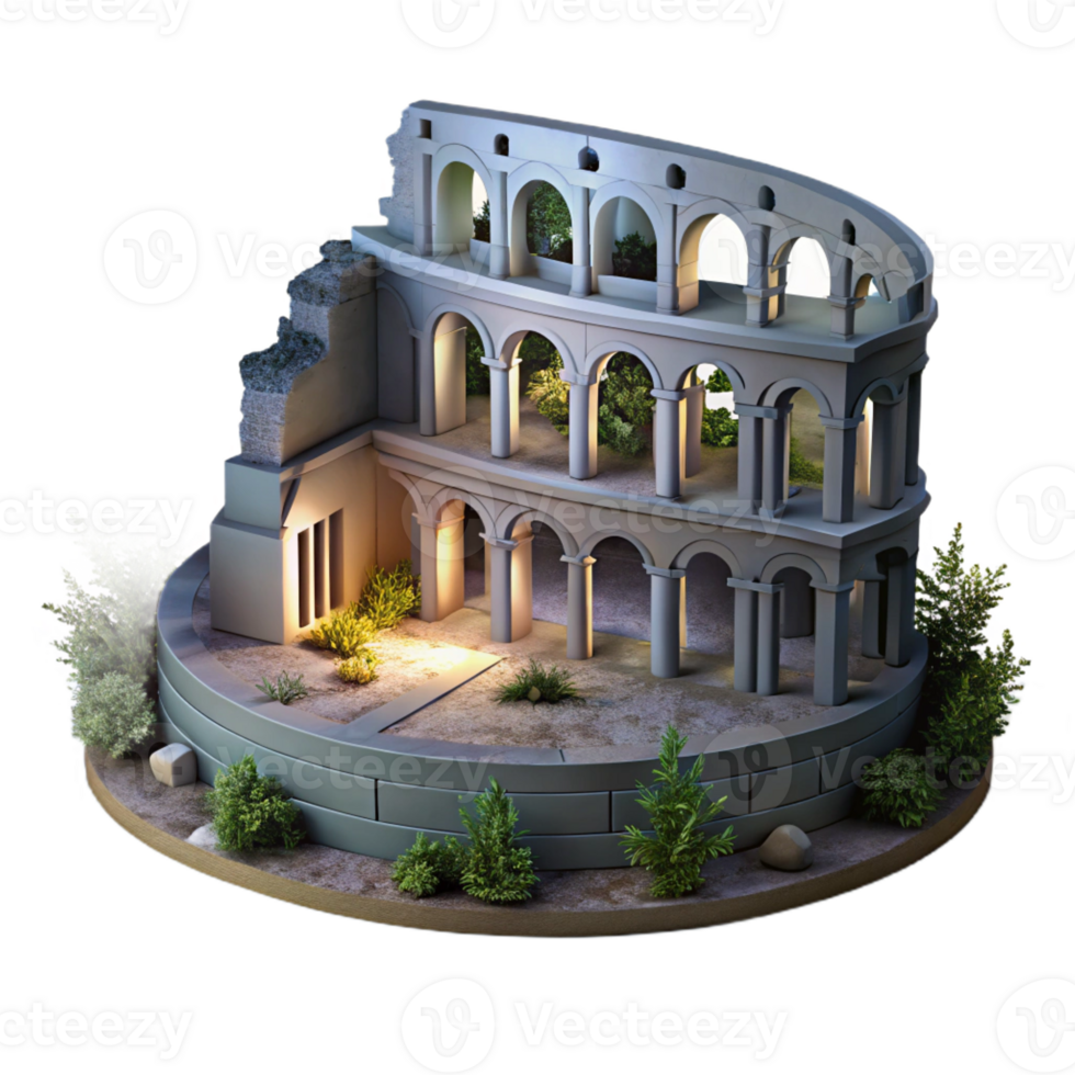 beautiful artistic A Roman amphitheater with crumbling walls and overgrown vegetation, soft moonlight casting long shadows, rendered in a haunting, historical style detailed png