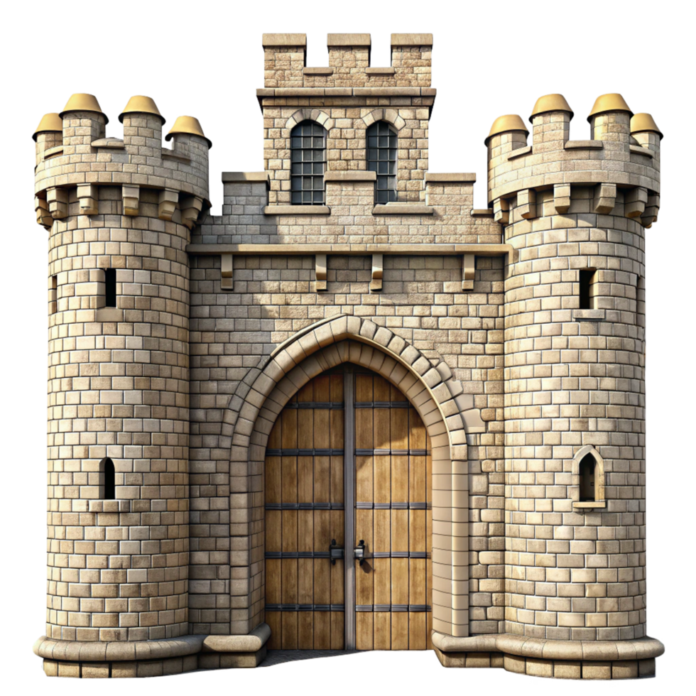 A majestic medieval castle gatehouse with tall towers and a large wooden door png