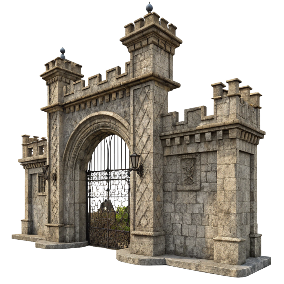 A majestic stone castle gate entrance with intricate ironwork and crenellations png