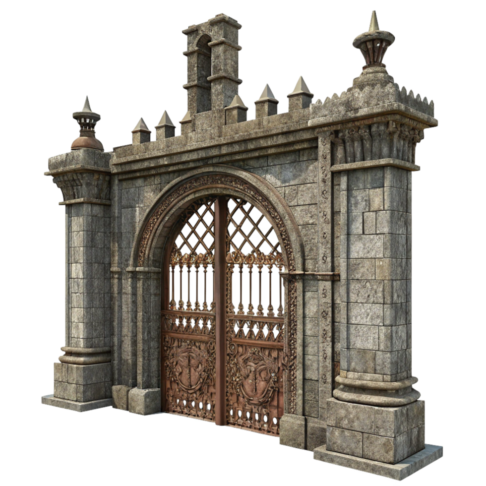 Ornate Medieval Castle Gate Entrance with Stone Archway and Intricate Metalwork png