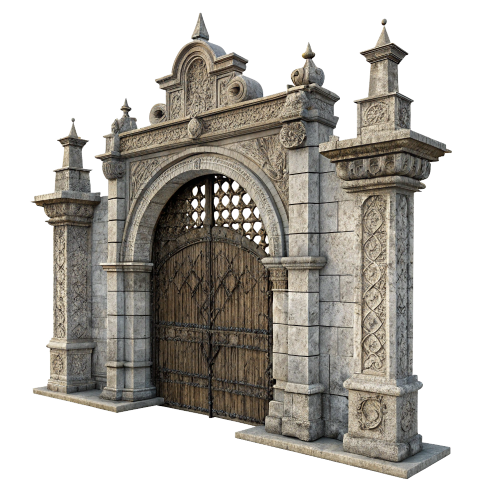 Ornate Stone Archway Gate with Intricate Wooden Doors and Architectural Details png