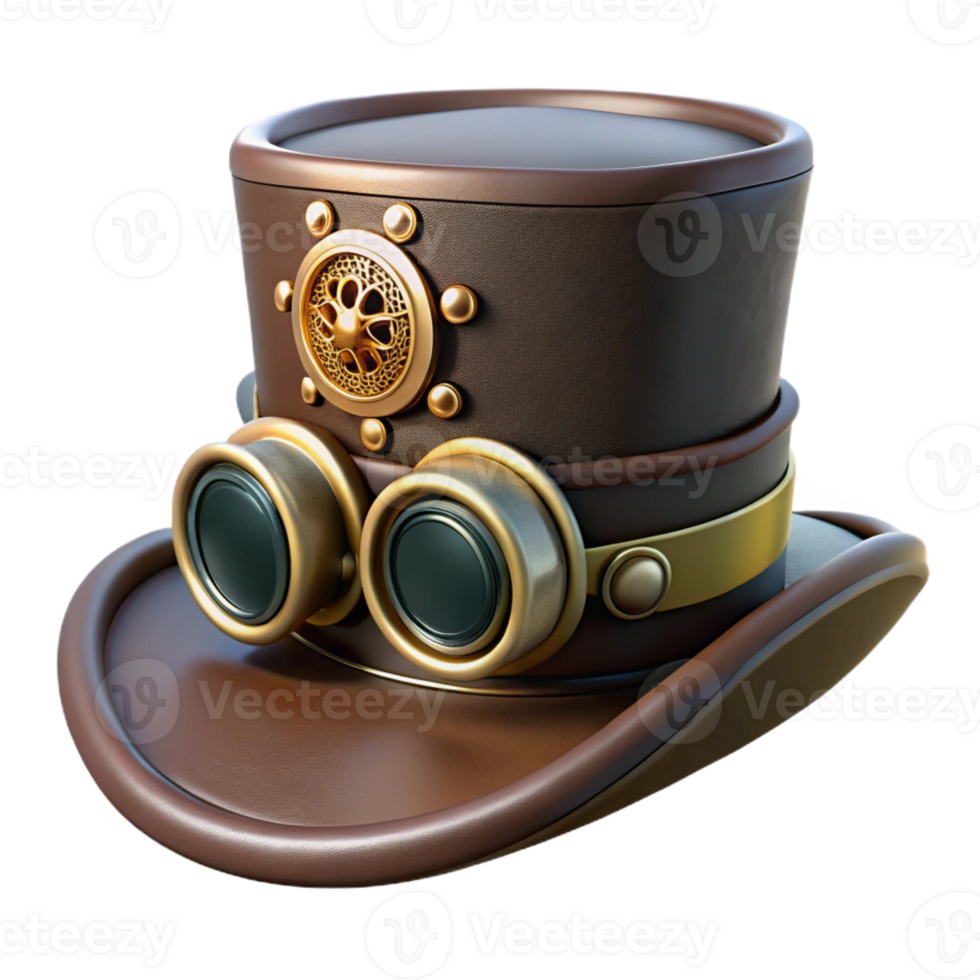 beautiful rustic A steampunk top hat, adorned with gears and goggles, dark leather band, dramatically lit, cinematic style exclusive png