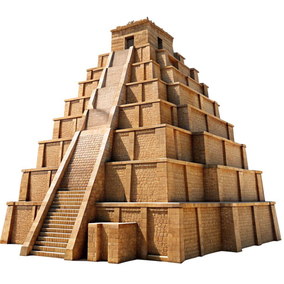 Ancient Mesoamerican Step Pyramid Model with Stone Blocks and Central Staircase png