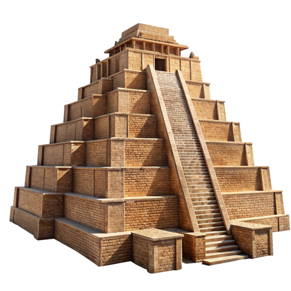 Ancient Mesoamerican Style Pyramid Structure with Stepped Terraces and Grand Staircase png