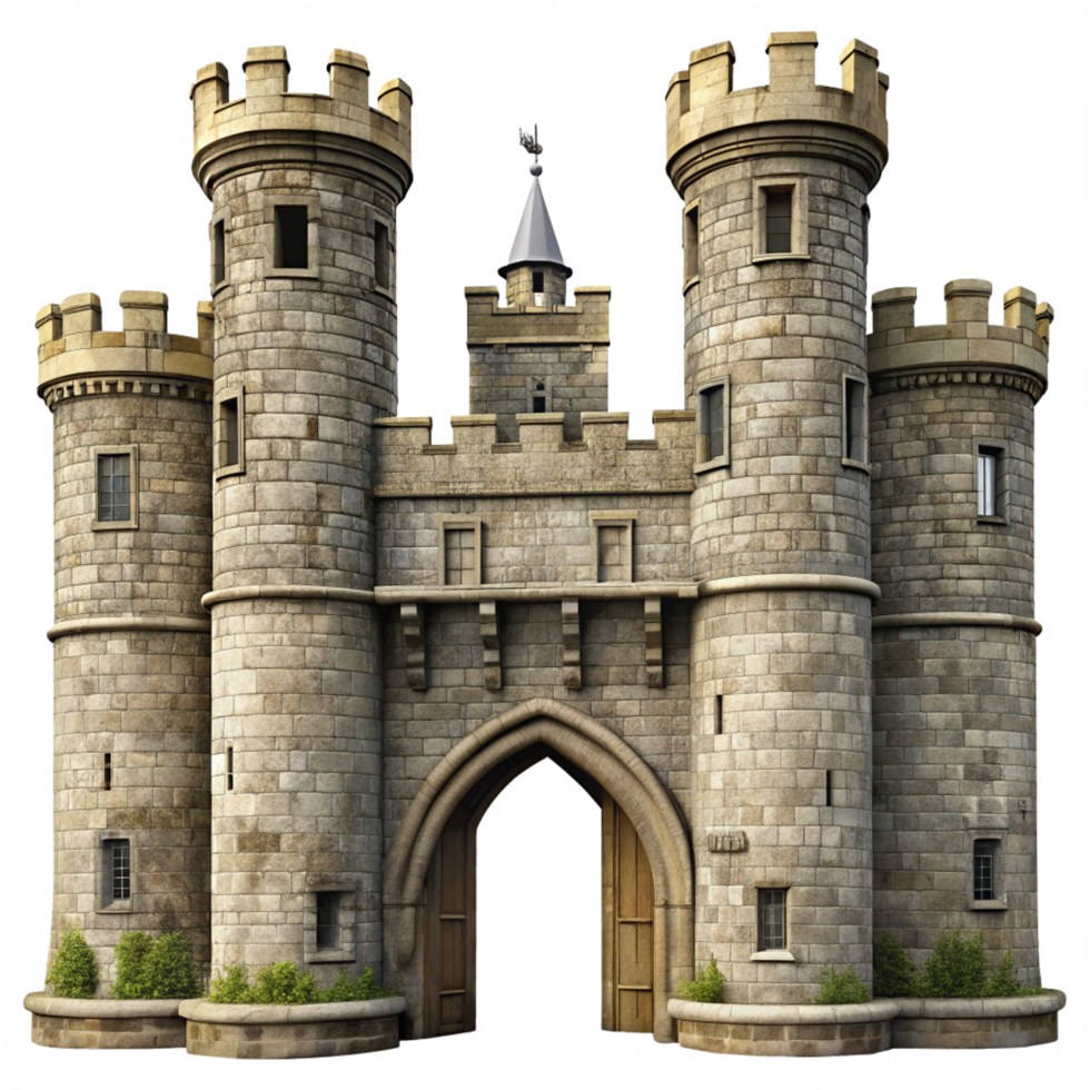A majestic medieval stone castle gatehouse with two imposing towers, arched entryway, and lush greenery png