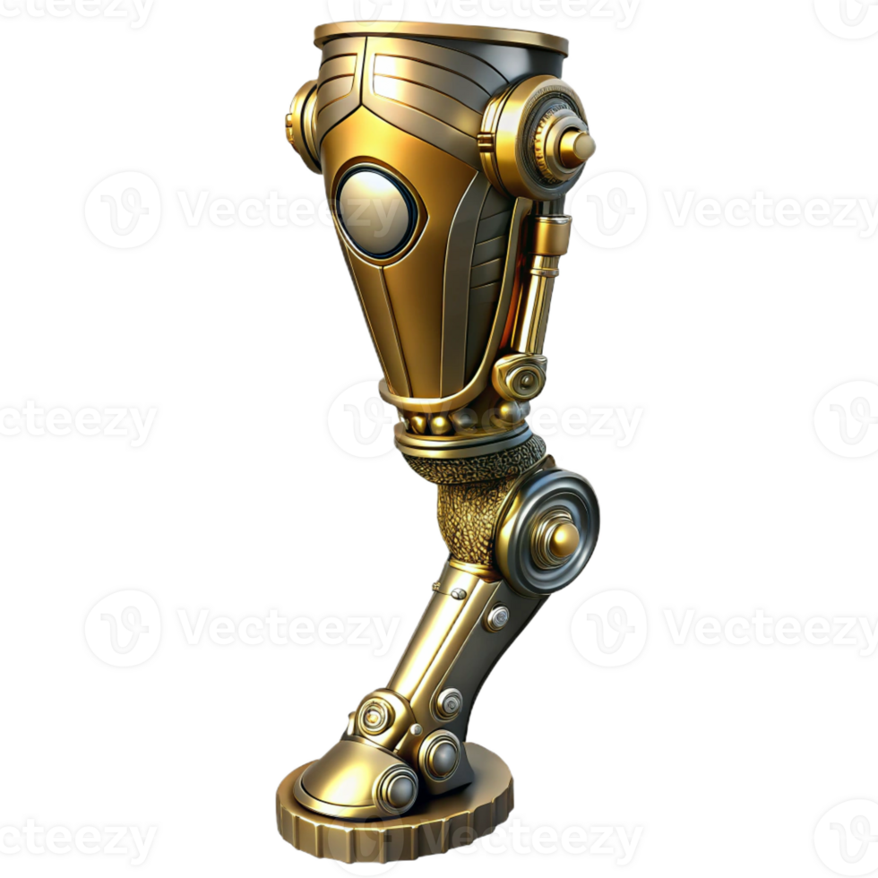 serene traditional A steampunk prosthetic leg, highly detailed, polished brass and steel, intricately designed joints, brightly lit, biomechanical art style high quality png