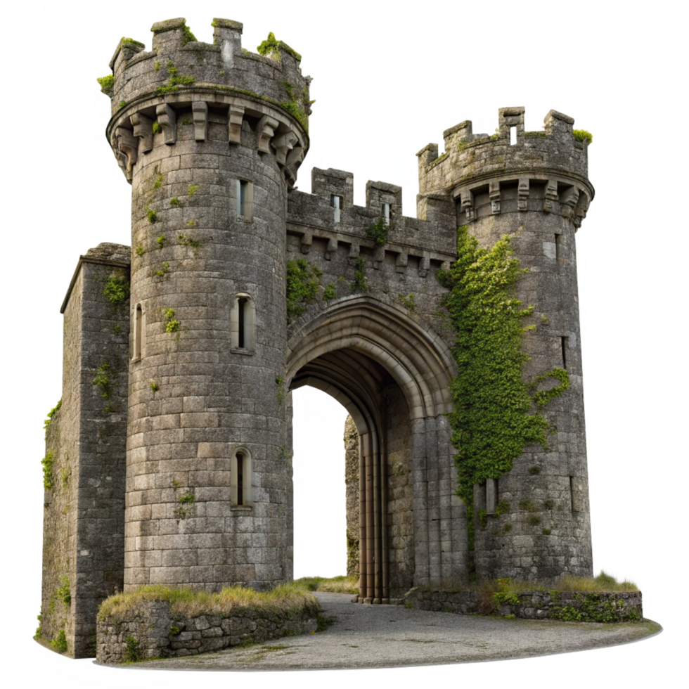 Ancient Stone Archway Gate of Medieval Castle Fortress with Ivy and Round Towers png