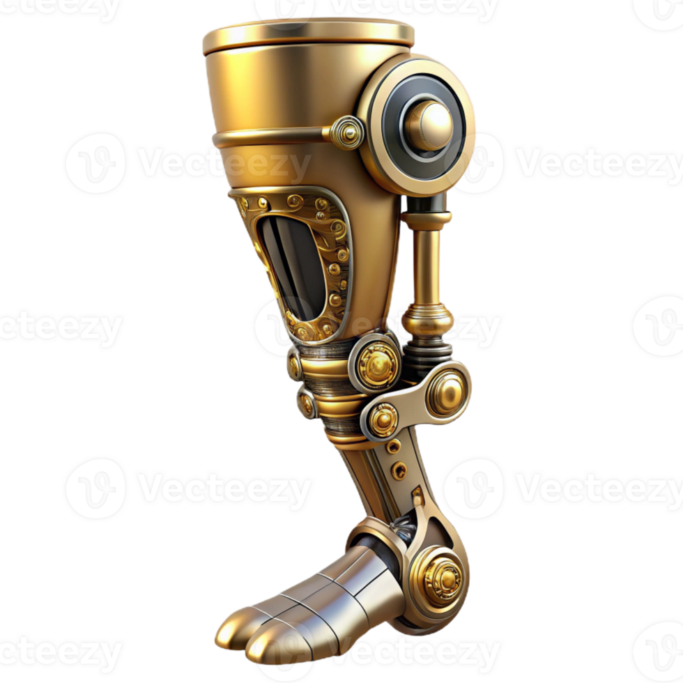 dramatic contemporary A steampunk prosthetic leg, highly detailed, polished brass and steel, intricately designed joints, brightly lit, biomechanical art style exclusive png