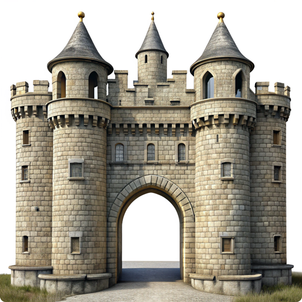 A Majestic Medieval Castle Gatehouse with Three Towers and Stone Architecture png