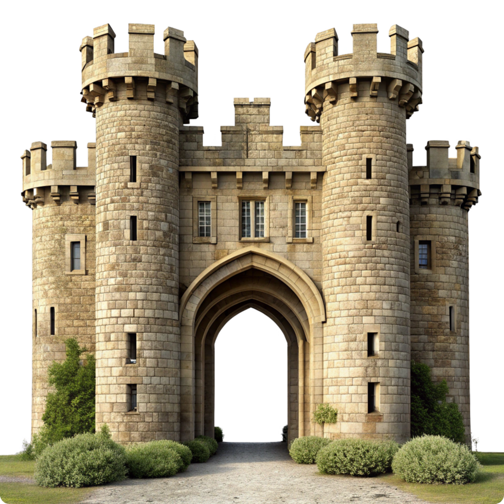 Majestic Medieval Castle Gatehouse Entrance with Stone Towers and Lush Greenery png
