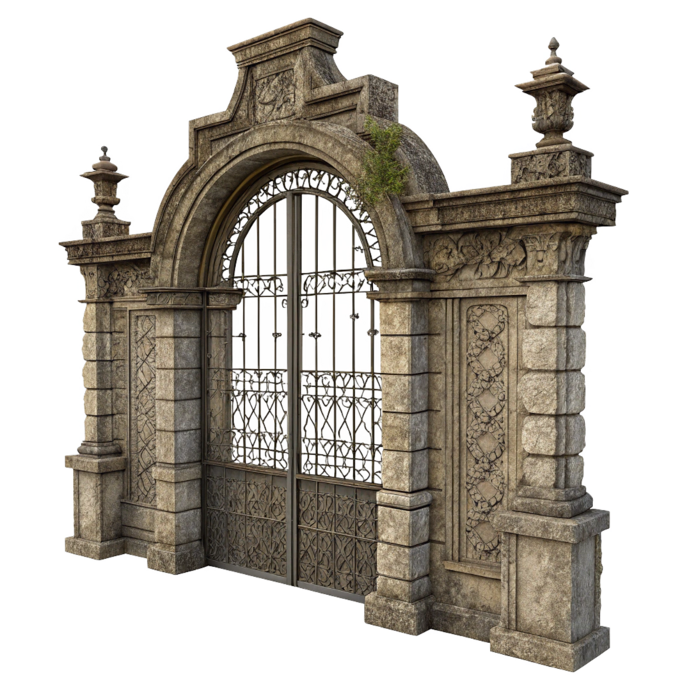 Ancient Stone Gateway with Ornate Metal Gate and Intricate Carvings png