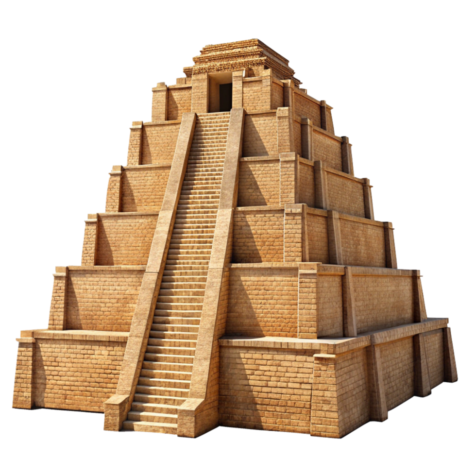 Ancient Mayan Style Pyramid Structure with Steep Staircase and Detailed Brickwork png