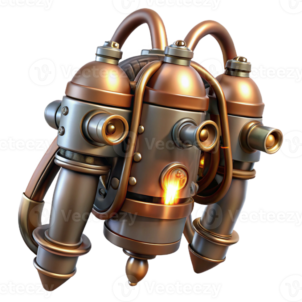 serene abstract A steampunk jetpack, intricate pipes and valves, brass and copper construction, sparks flying, dramatically lit, concept art style high quality png