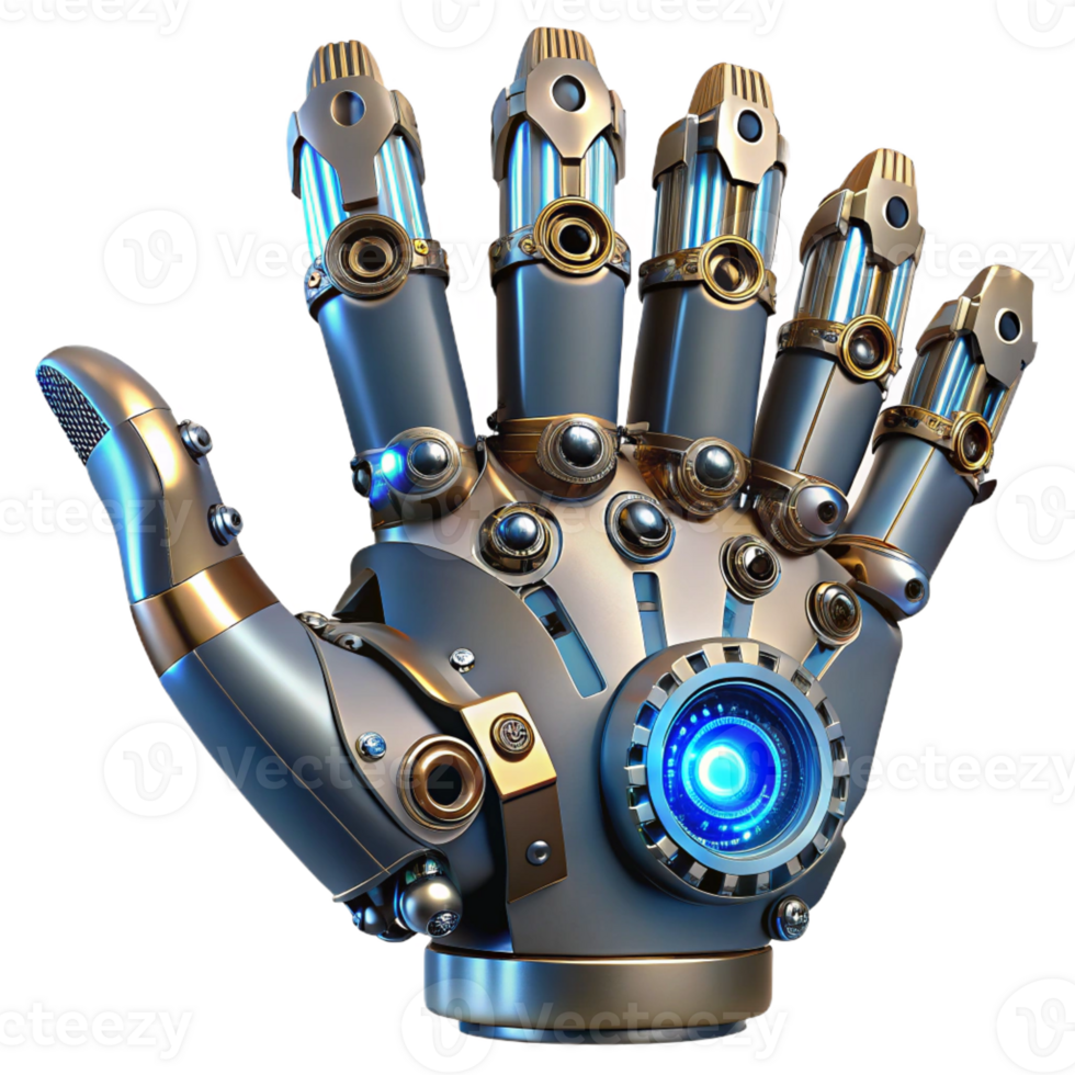 vibrant creative A steampunk robotic hand, intricate gears and wires, polished steel fingers, dimly lit, cyberpunk style 4K png