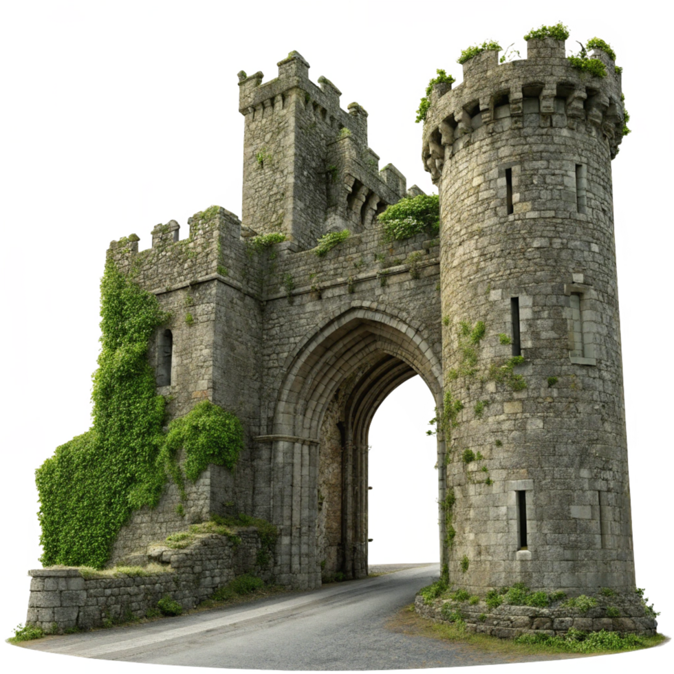 Ancient Stone Castle Gatehouse with Archway and Ivy png