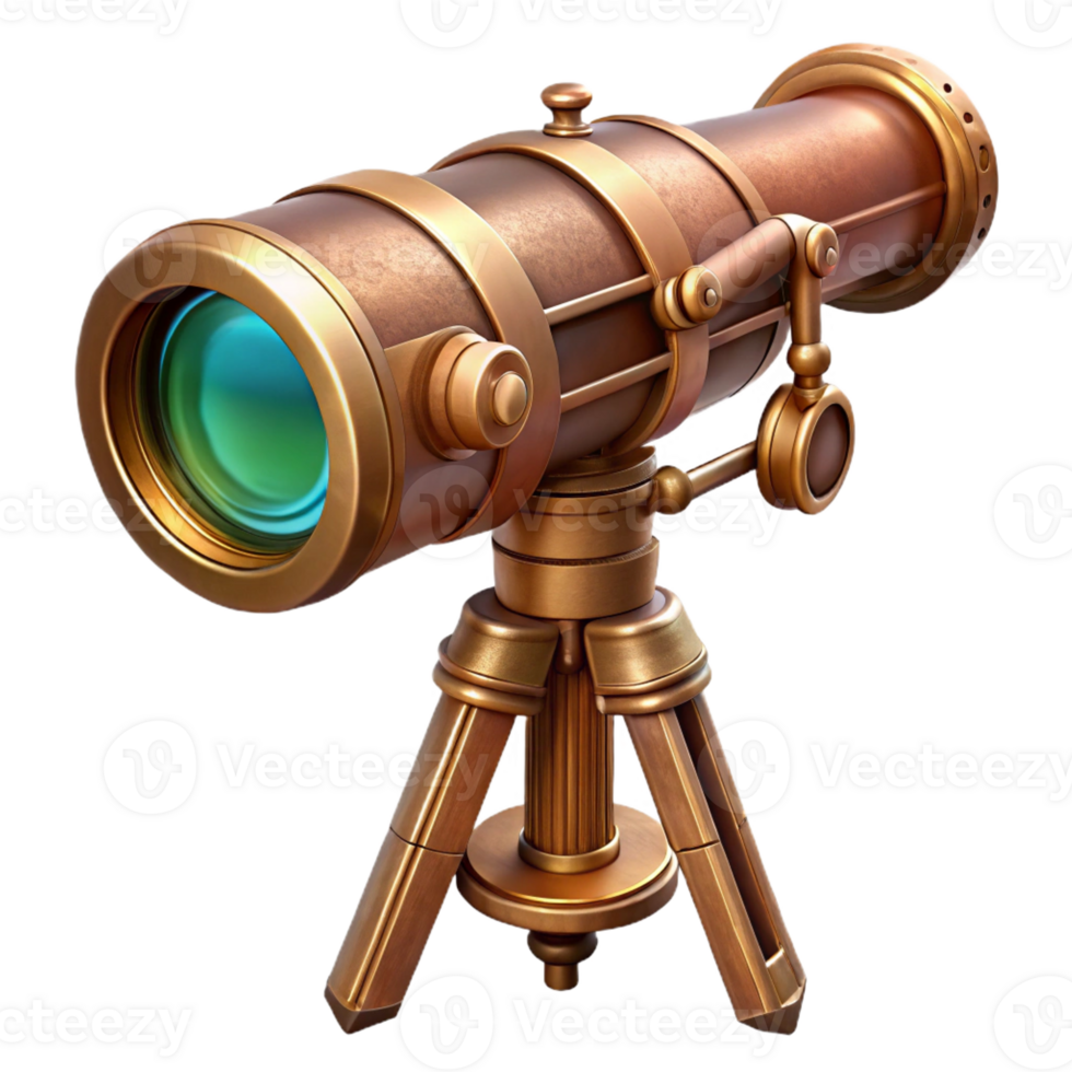stunning artistic A steampunk telescope, brass and copper construction, intricate lenses, on a tripod stand, dimly lit, vintage style high resolution png